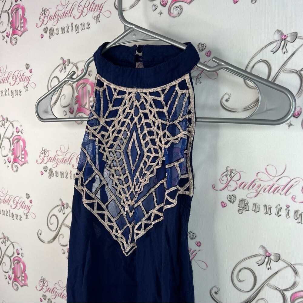 Free People tallow dress mock neck open back Navy and Beige Backless Dress - Picture 4 of 12
